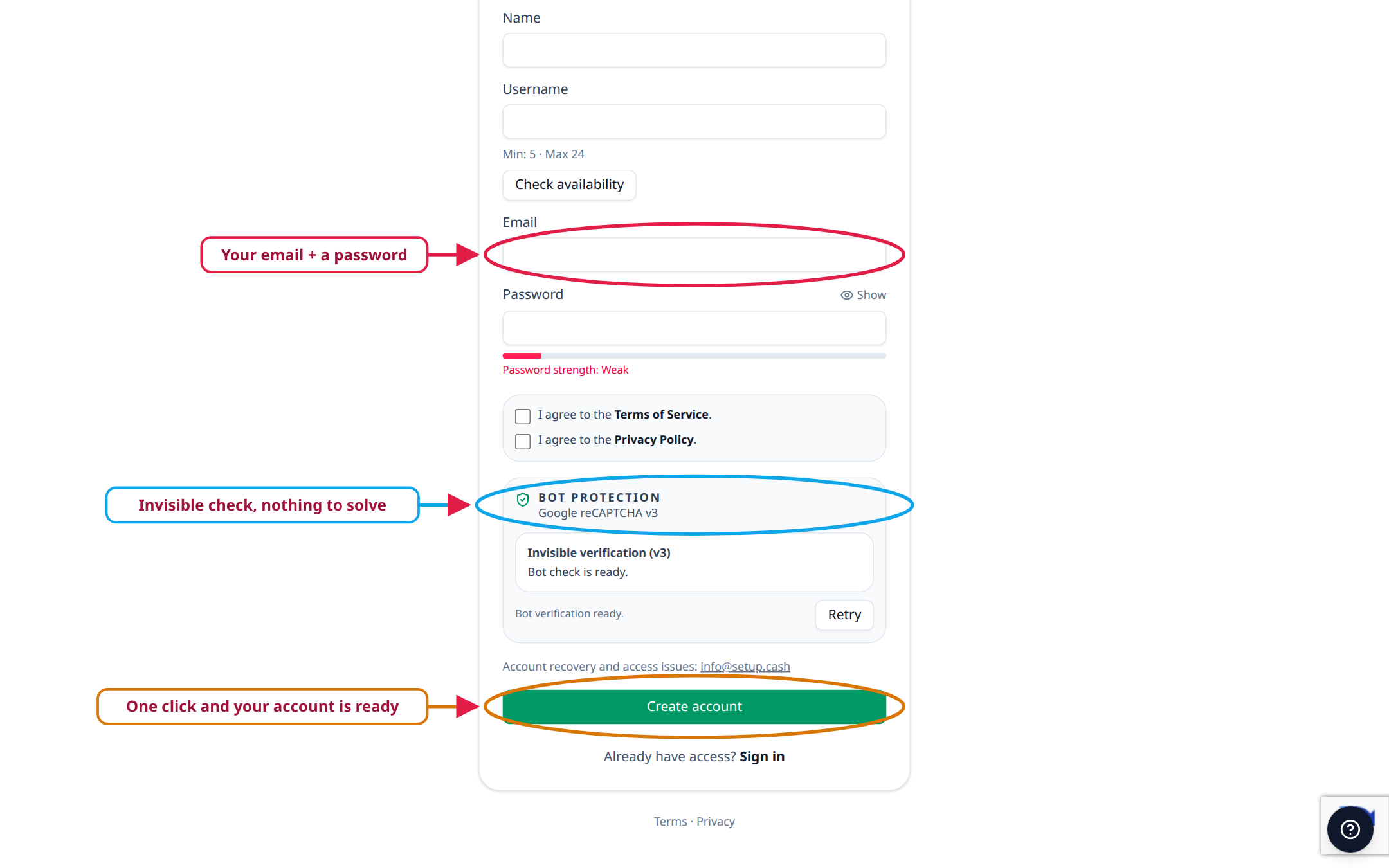 Setup.Cash signup page with the email field, invisible bot protection, and Create account button highlighted