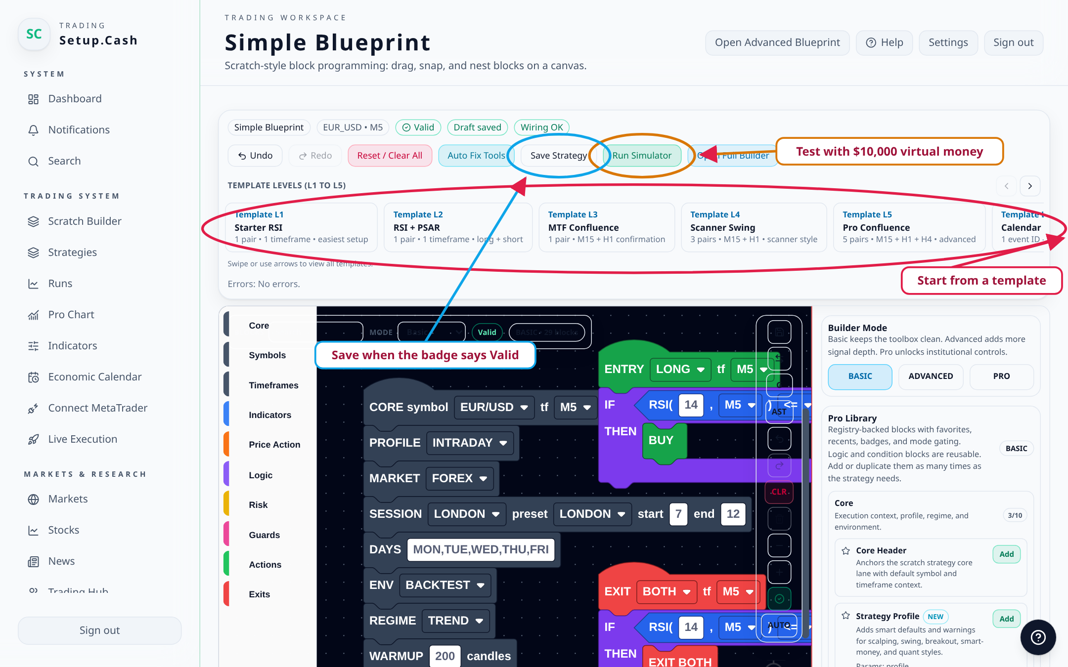 The Simple Blueprint scratch builder with template levels, Save Strategy, and Run Simulator highlighted
