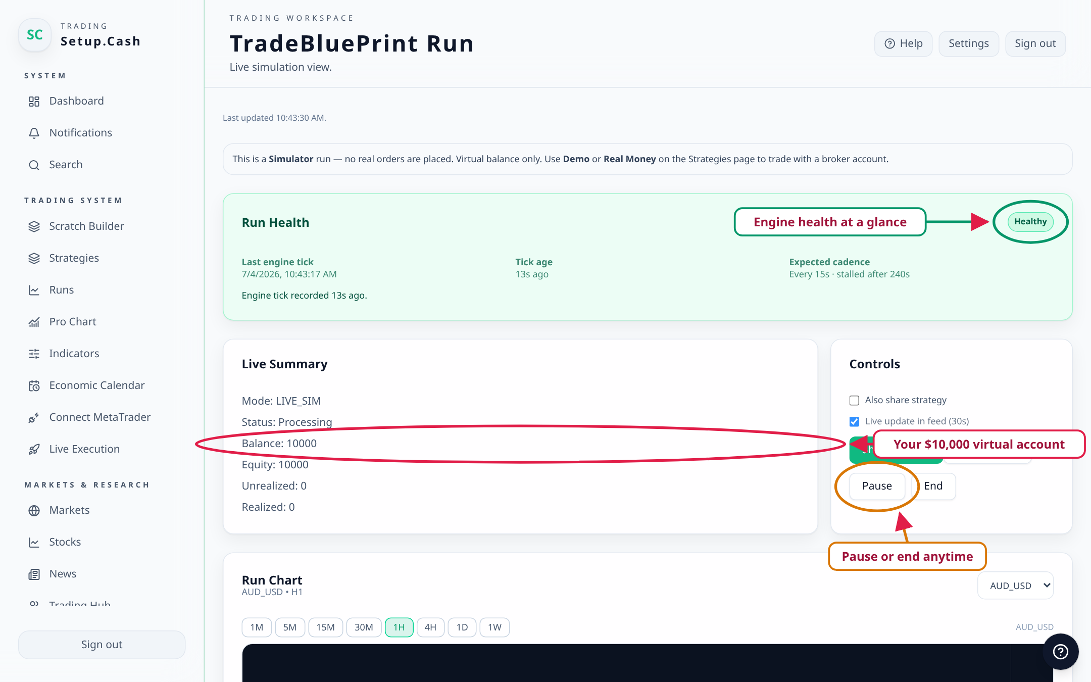 The live run page showing Run Health as Healthy, the live summary with the virtual balance, and Pause and End controls