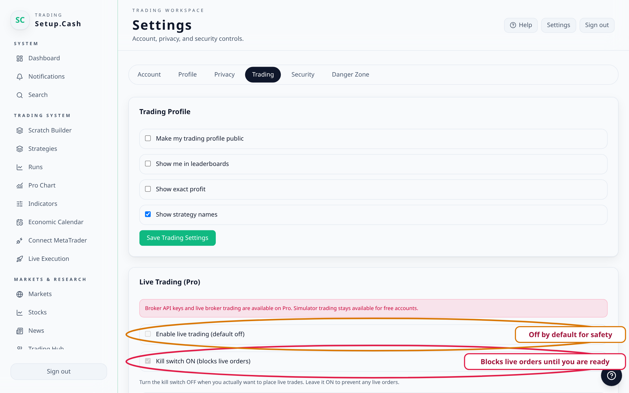 Set broker access, kill switch, risk defaults, and live-trading safety rules.