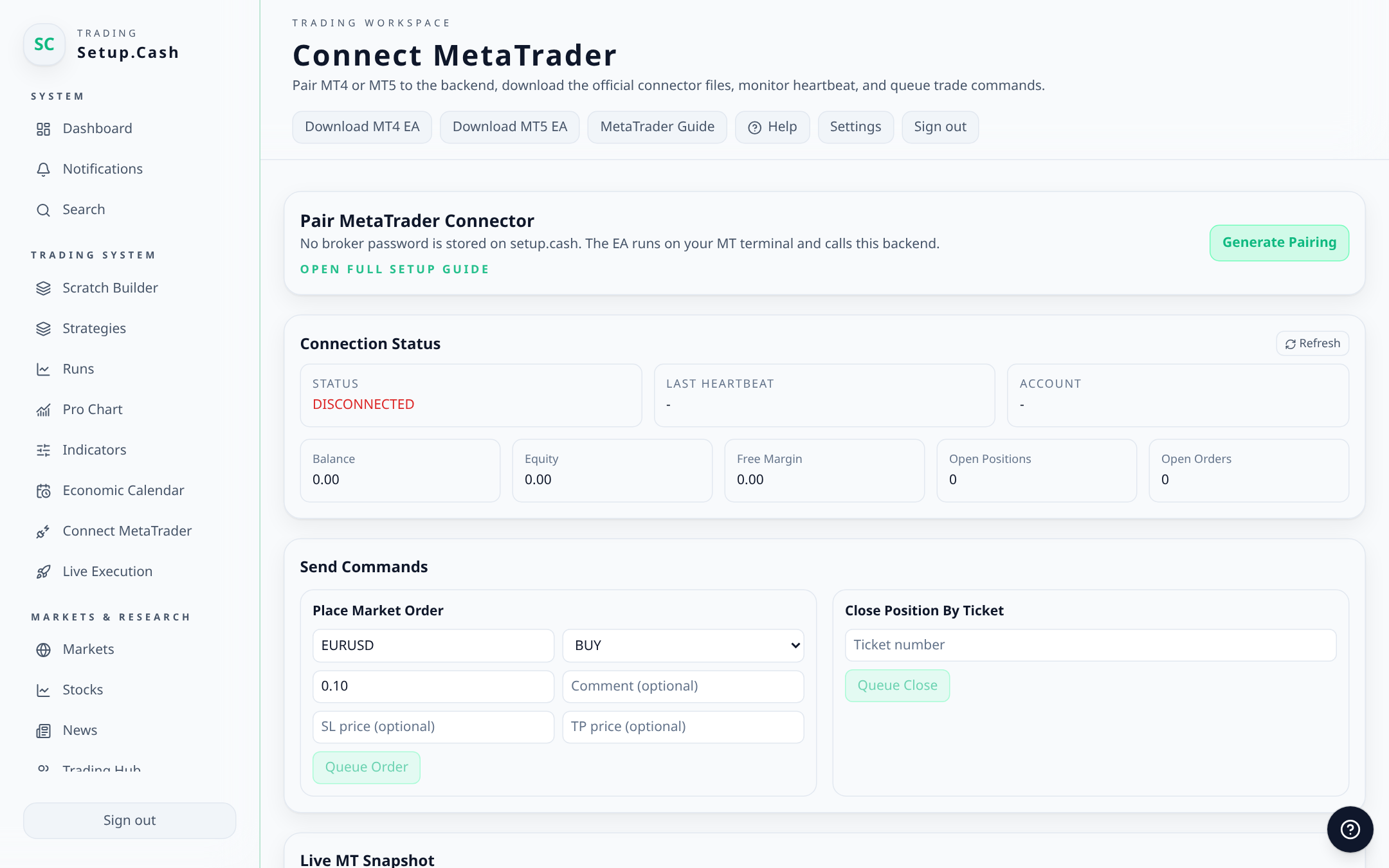 Link an MT4 or MT5 account to route Demo or Real Money orders through your broker.