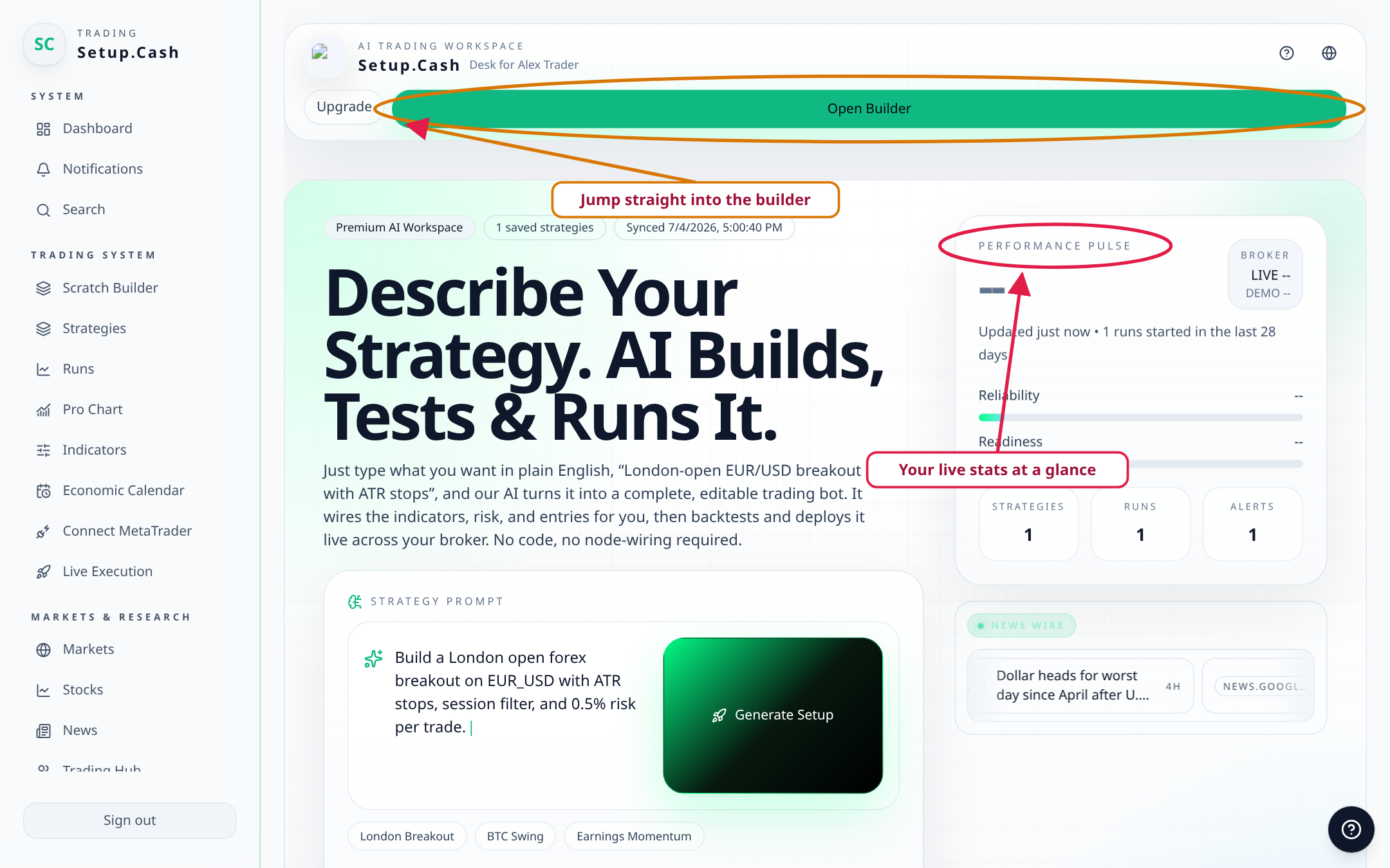 Start here to understand your active runs, credits, alerts, and market status.