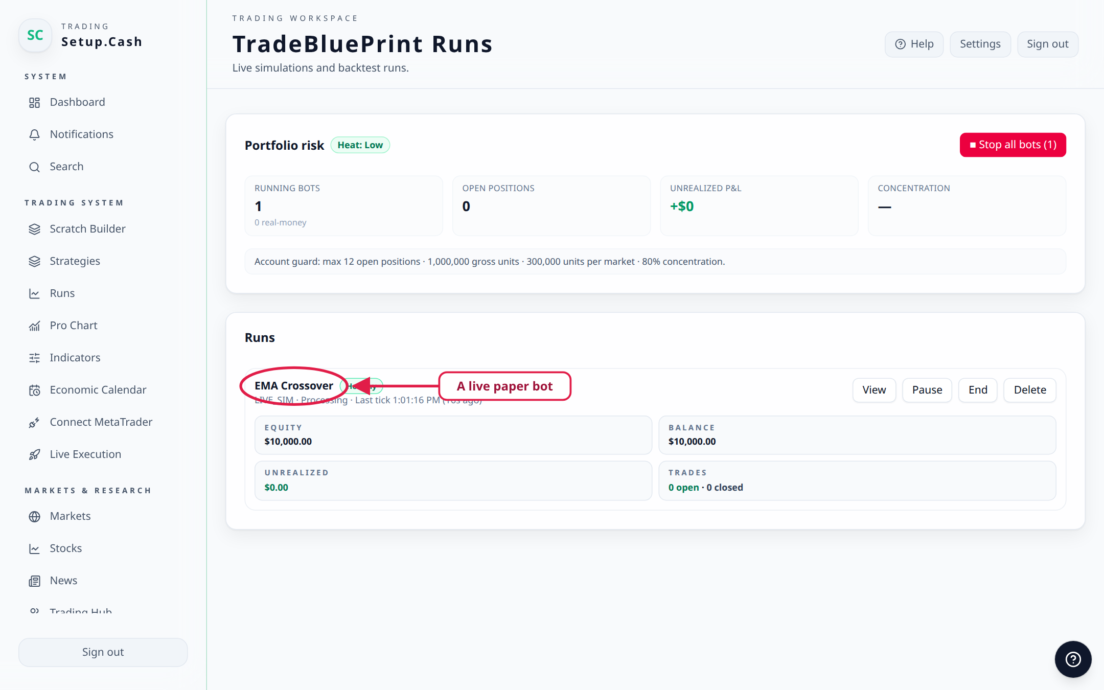 Every launched bot appears here with live equity, balance, and controls.