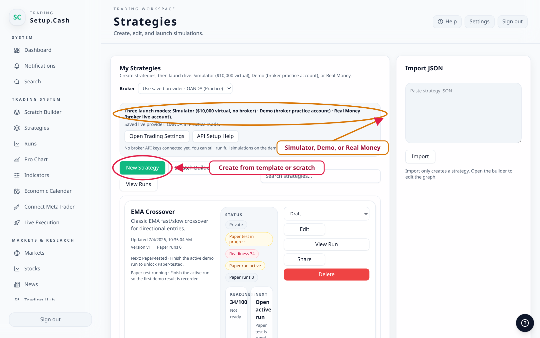 Every strategy you own in one place, ready to edit, clone, import, or launch.