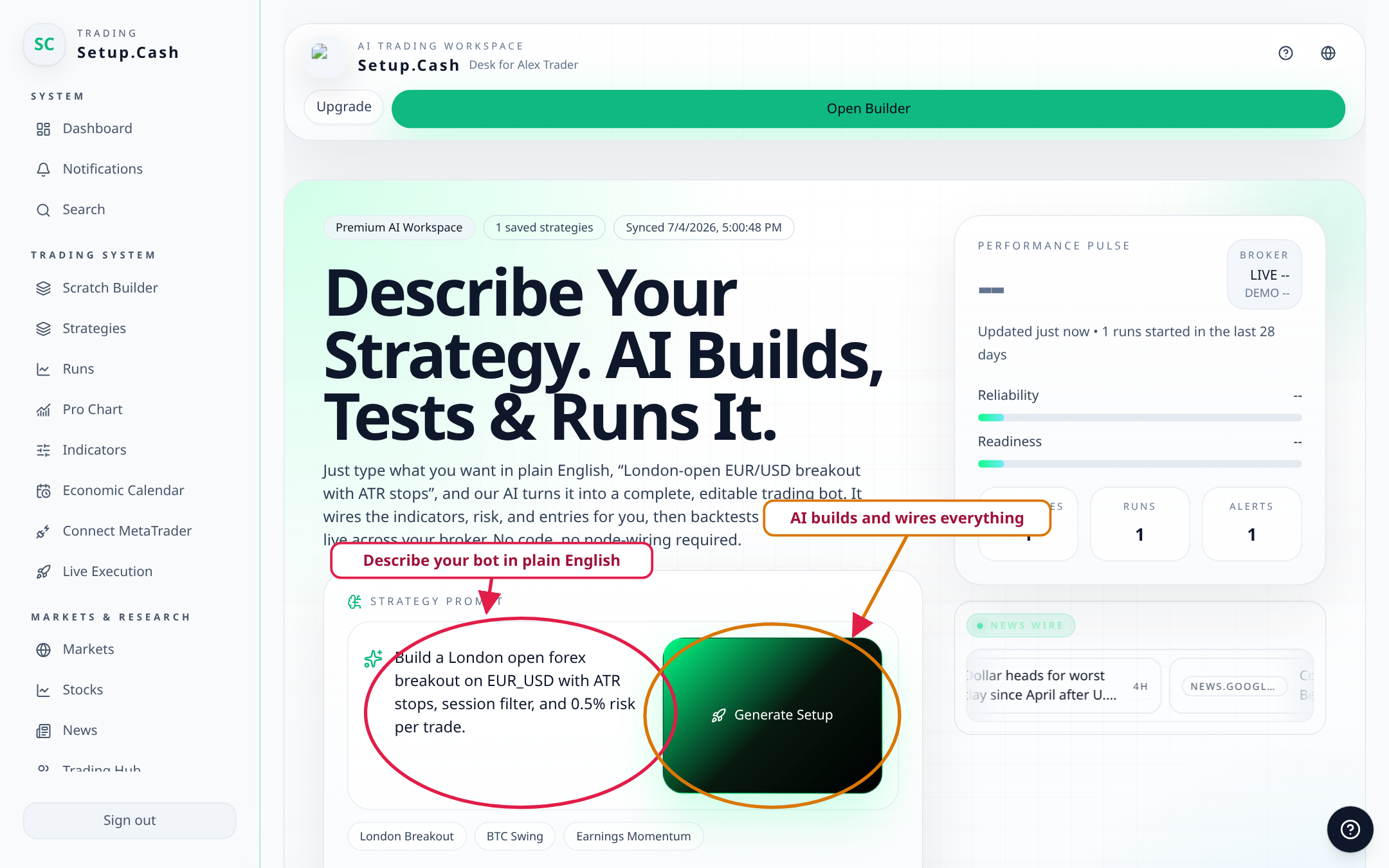 Describe the bot in plain English and the AI wires indicators, conditions, and risk for you.